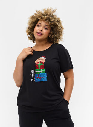T-skjorte med julemotiv i bomull, Black Gift, Model image number 0