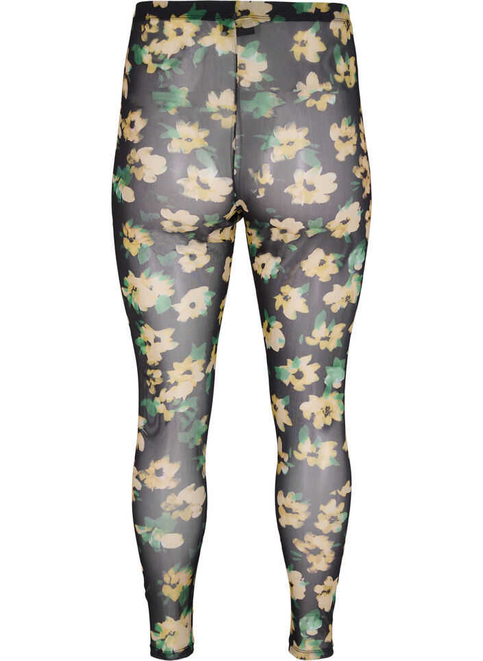Leggings med mesh og blomstermønster, Yellow Green AOP, Packshot image number 1