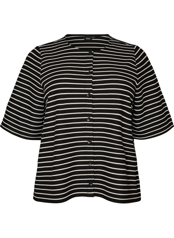 Bluse med ribbet tekstur og knappelukking, Svart, Packshot image number 0