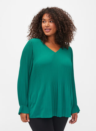 Bluse i plissé med V-hals, Evergreen, Model image number 0