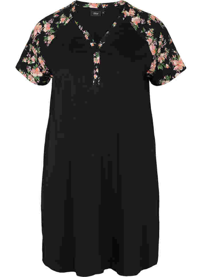 Kortermet nattkjole i bomull med mønster, Black Flower, Packshot image number 0