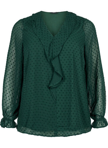 Bluse med volanger og prikkete tekstur, Scarab, Packshot image number 0