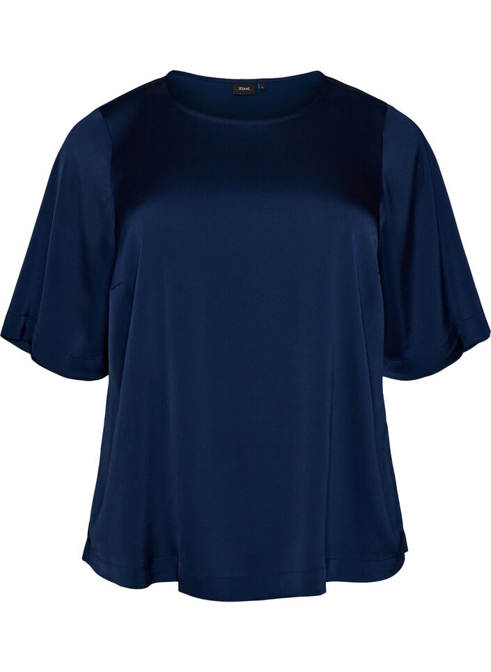 Satengbluse med albuelange ermer, Bl&aring;, Packshot image number 0