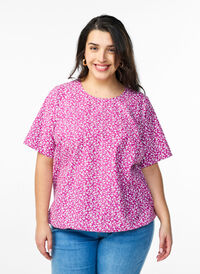 Bomullsbluse med trykk og korte ermer, Lilla Bomullsbluse med trykk og korte ermer, Lilla, Model