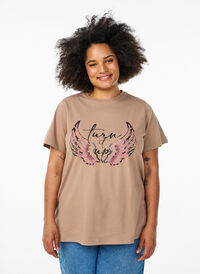 T-skjorte i økologisk bomull med statement-trykk, Beige T-skjorte i økologisk bomull med statement-trykk, Beige, Model