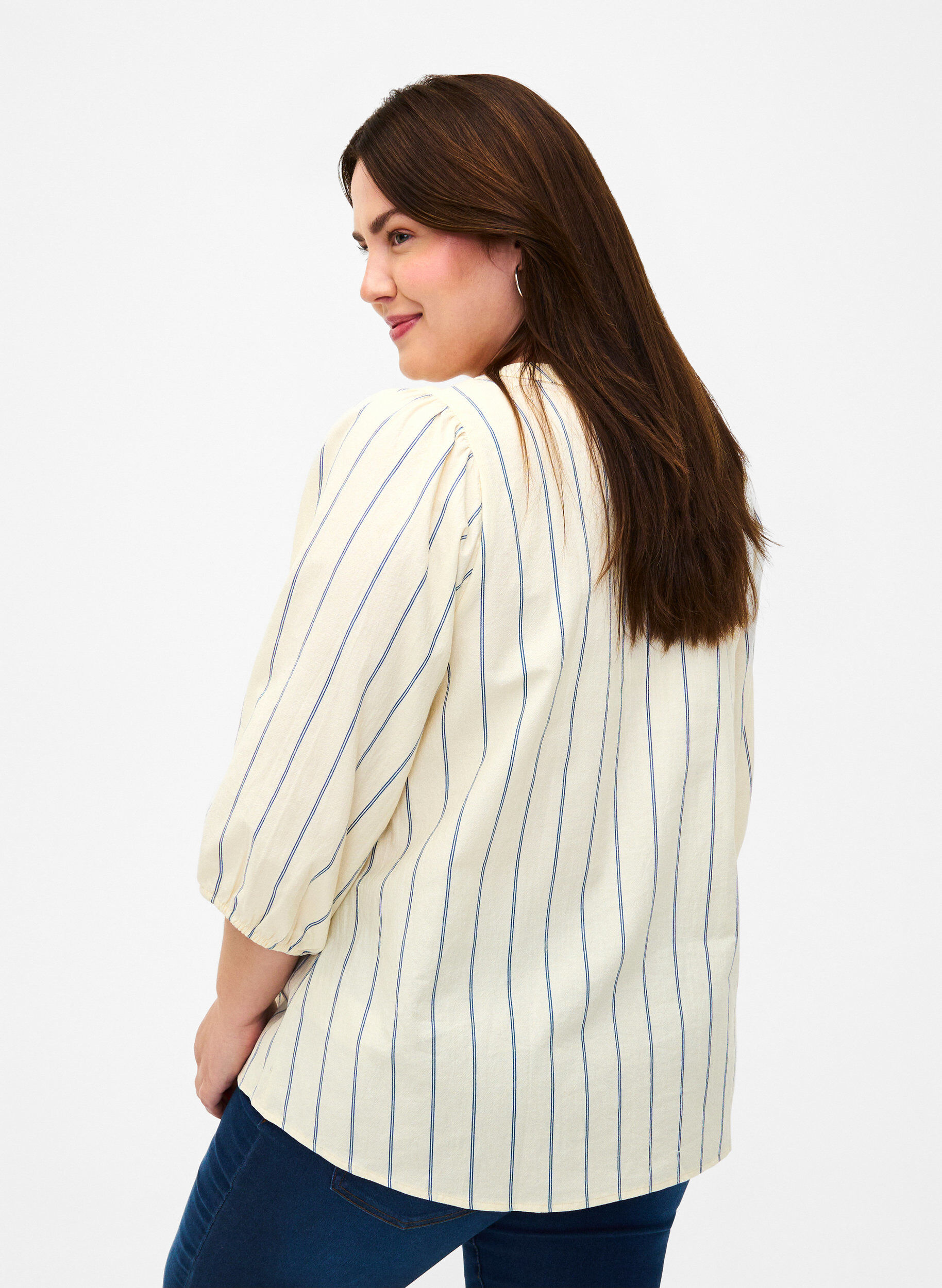 Zizzi Bomullsbluse med striper og trekvartlange ermer, Eggnog Stripe, Model image number 1