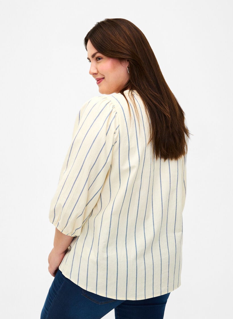 Bomullsbluse med striper og trekvartlange ermer, Eggnog Stripe, Model image number 1