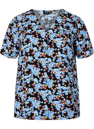 Mønstrete pysjamasskjorte i viskose, Black Blue Flower, Packshot