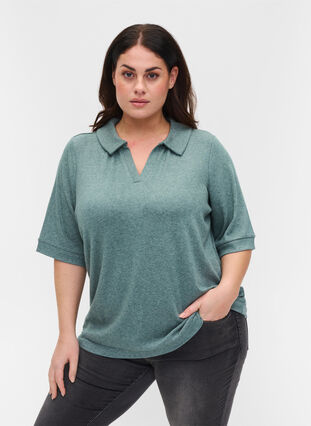 Melert T-skjorte med krage, Green Melange, Model image number 0