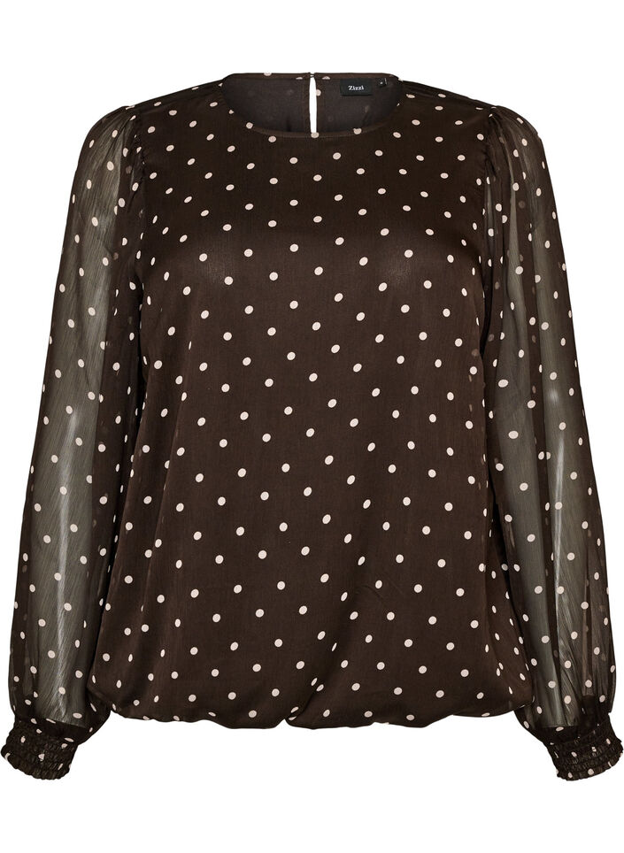 Prikket chiffonbluse med gjennomsiktige ermer, Brun, Packshot image number 0