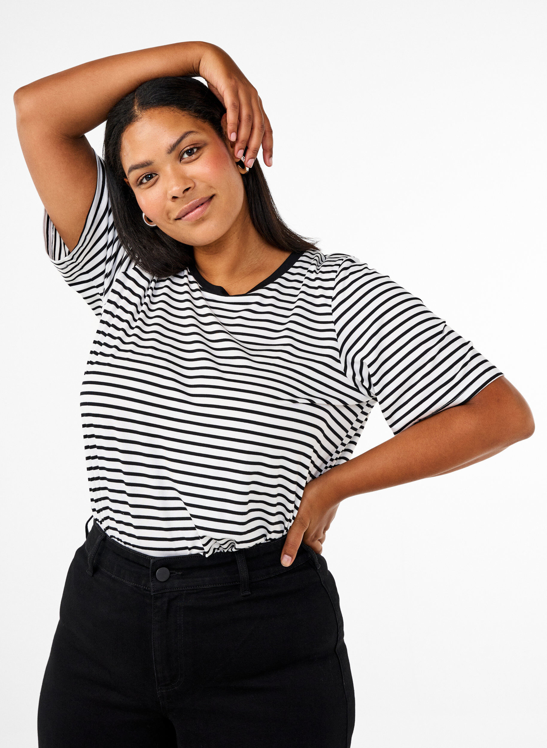 Zizzi T-skjorte med TENCEL&trade; Lyocell og striper, Hvit, Model image number 0
