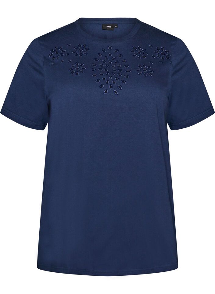 T-skjorte i &oslash;kologisk bomull med hullbroderi, Bl&aring;, Packshot image number 0