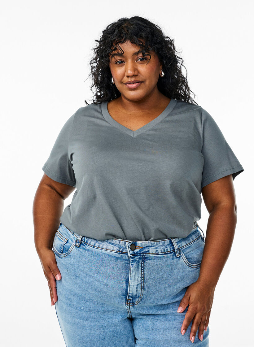 Enkel T-skjorte i bomull med V-hals, Grønn, Model image number 0