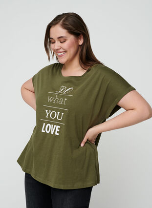 Kortermet T-skjorte med mønster i bomull, Ivy green w. Love, Model image number 0