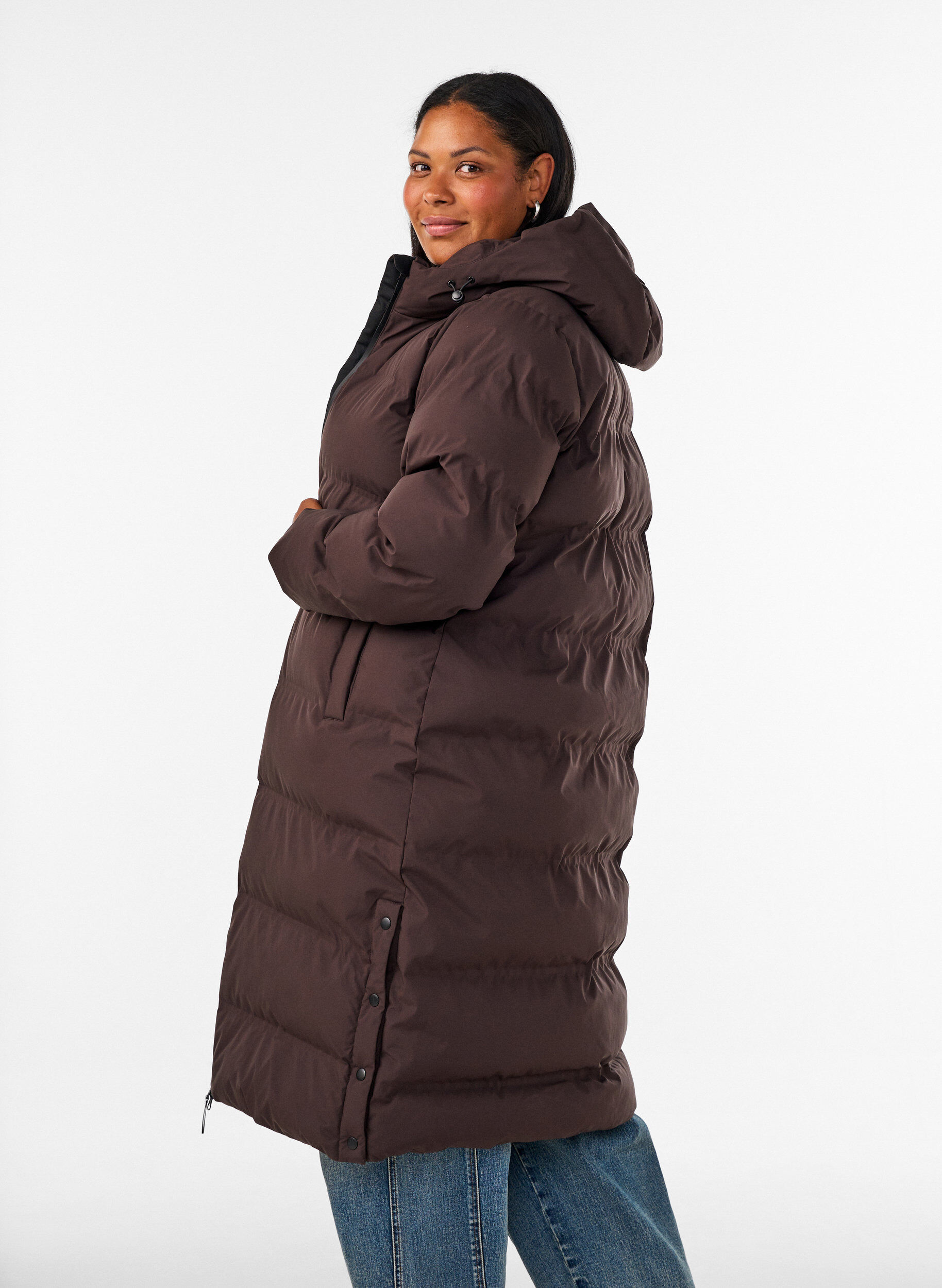 ZizziLang vinterk&aring;pe med hette, Brun, Model image number 2