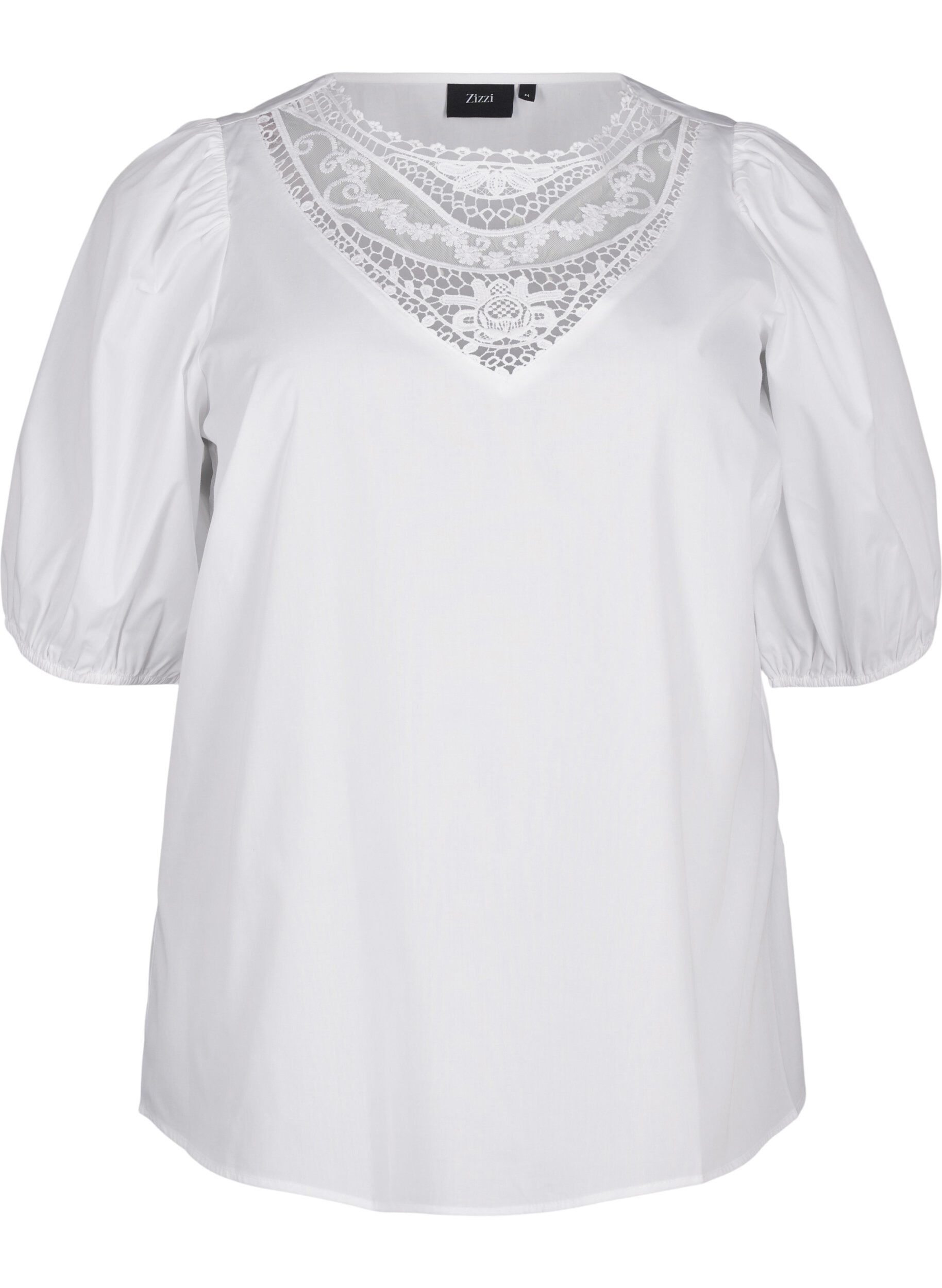 Zizzi Kortermet bluse med blondedetalj, Bright White, Packshot image number 0