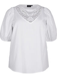 Kortermet bluse med blondedetalj, Bright White