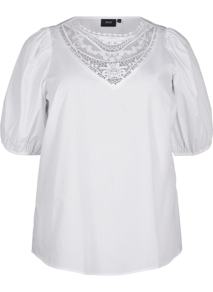 Kortermet bluse med blondedetalj, Bright White, Packshot image number 0