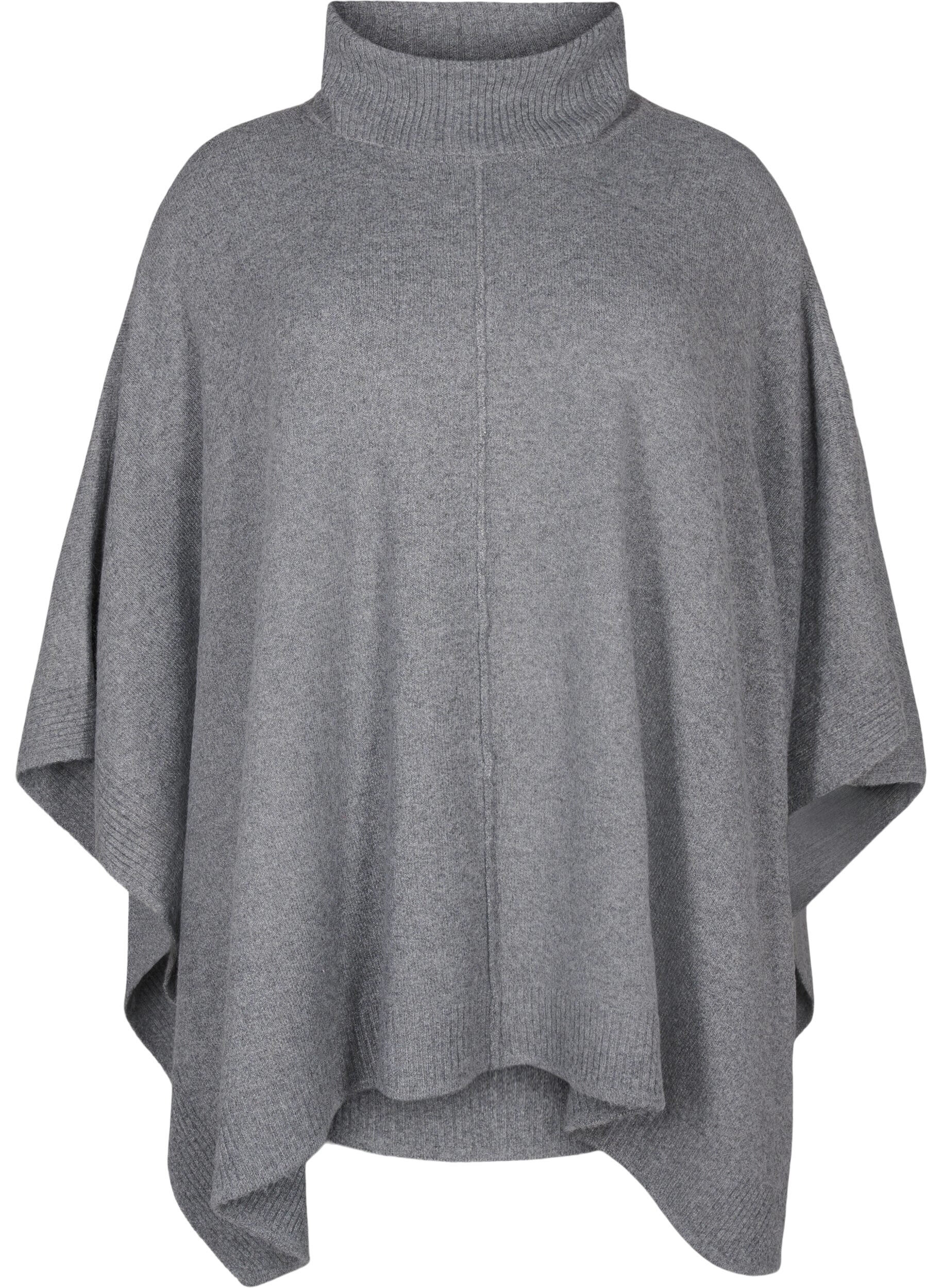 Zizzi Poncho med h&oslash;y hals, Medium Grey Melange, Packshot image number 0