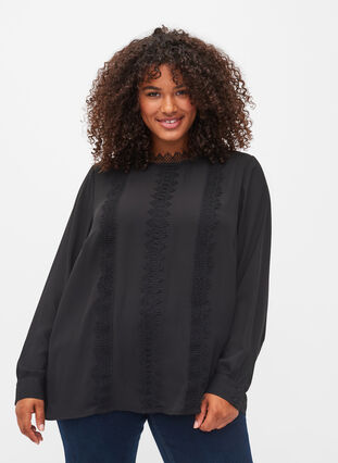 Langermet bluse med blonder, Black, Model image number 0