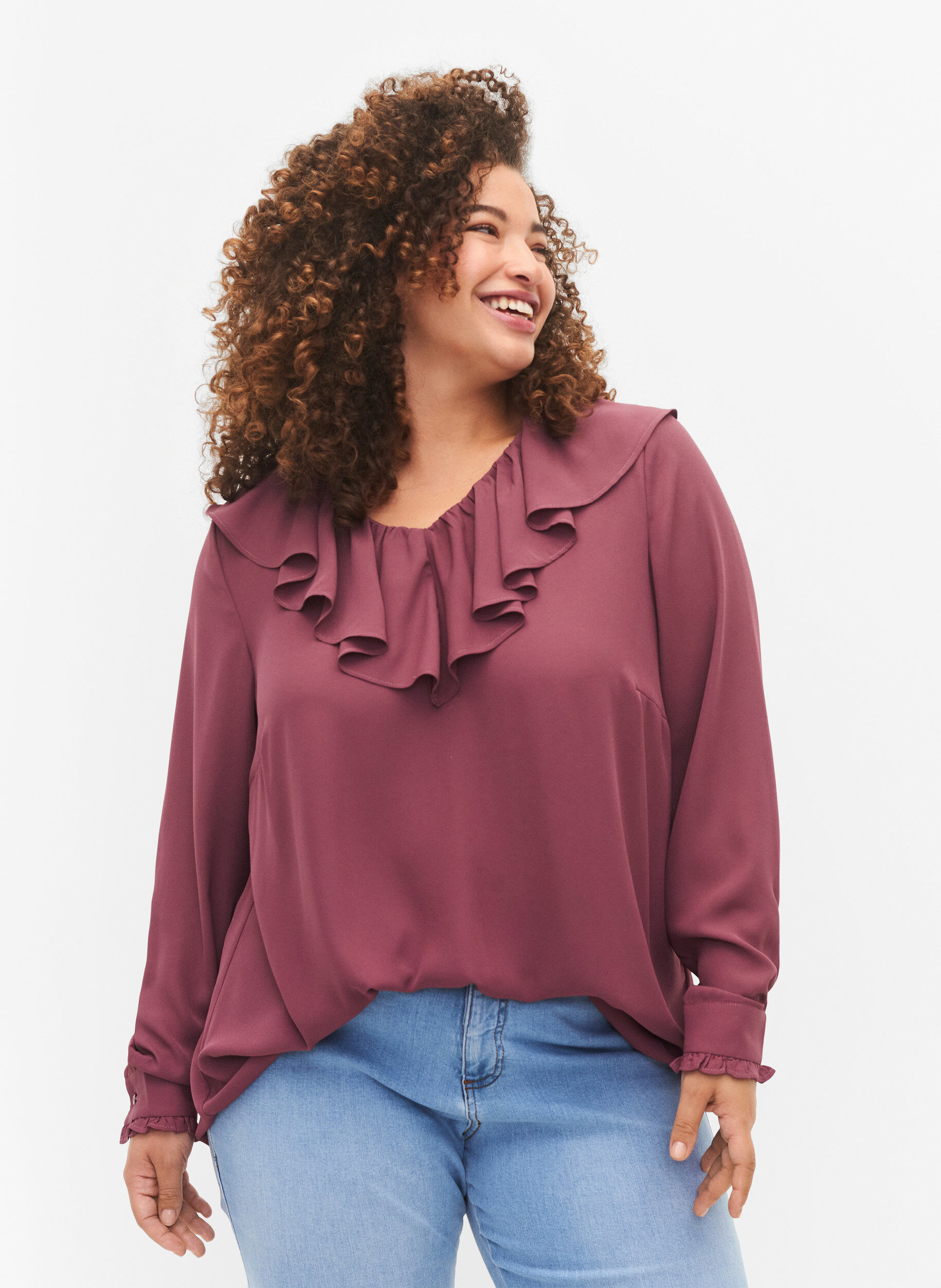 Zizzi Bluse med lange ermer og volanger, Renaissance Rose, Model image number 0