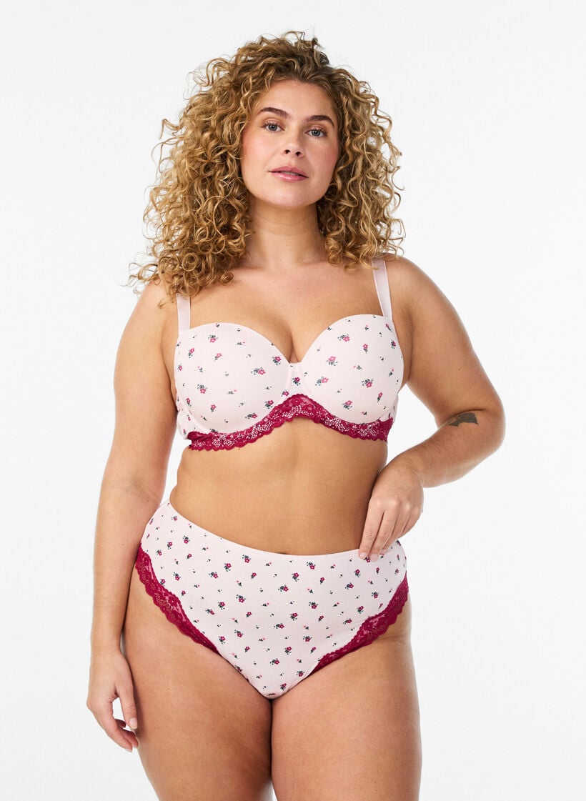 Brasilianske truser med blomstertrykk og blonder, Rosa, Model image number 0