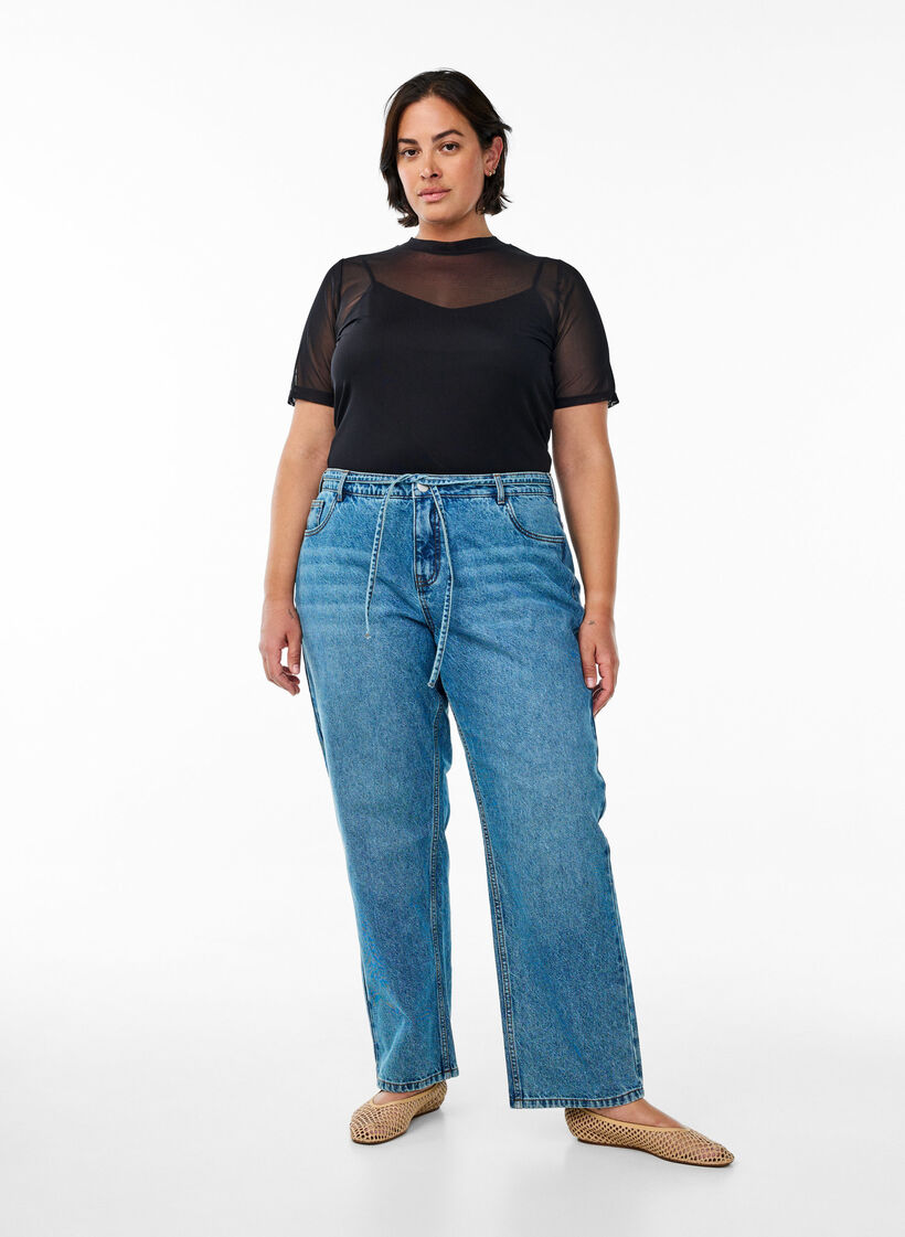 Bluse i mesh med korte ermer, Svart, Model image number 1