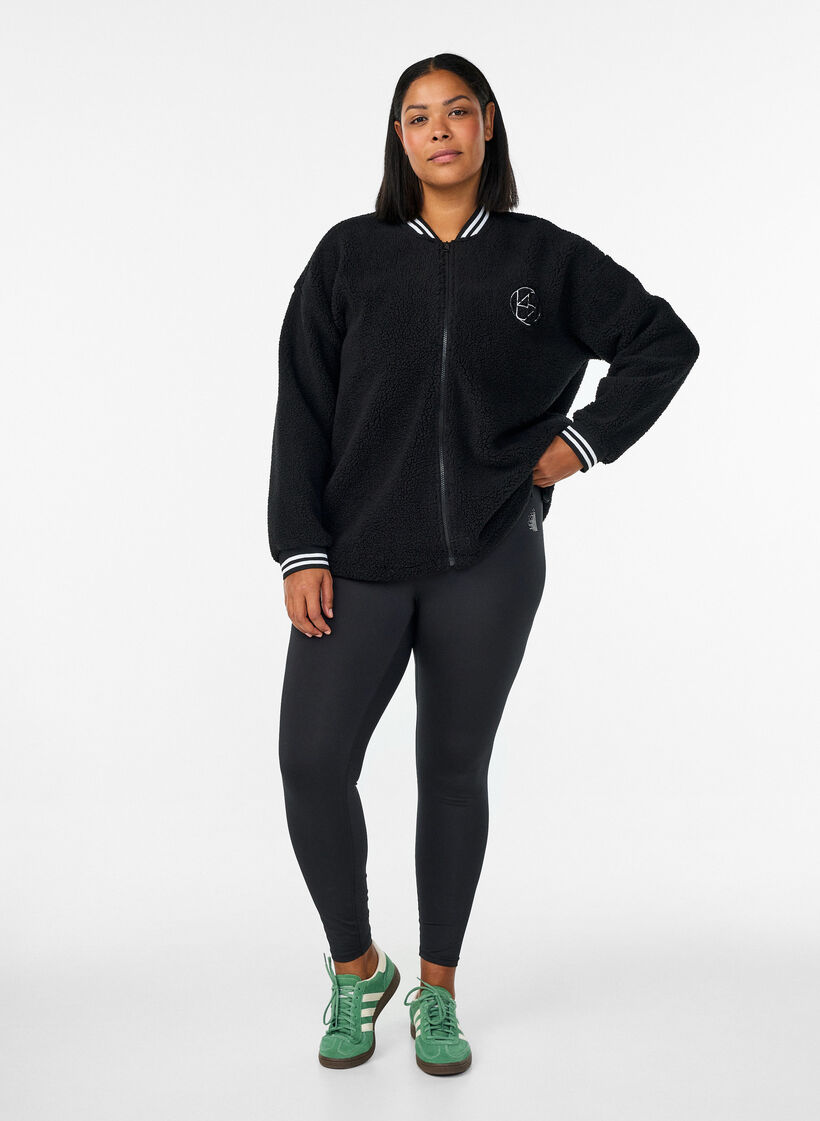 Teddyfleece jakke med stripete detaljer, Svart, Model image number 1