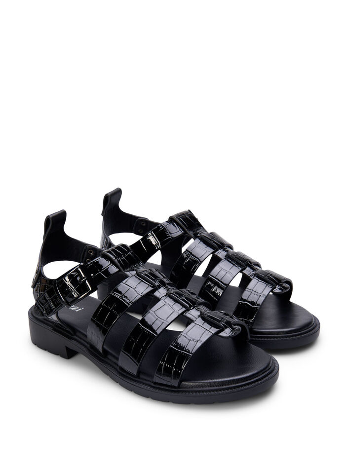 Sandal med bred passform i skinnende krokodilleskinn, Black, Packshot image number 1
