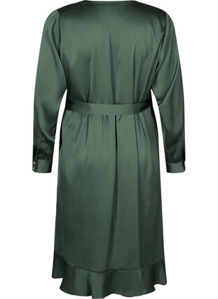Zizzi Omslagskjole i sateng med lange ermer, Duck Green, Packshot image number 1