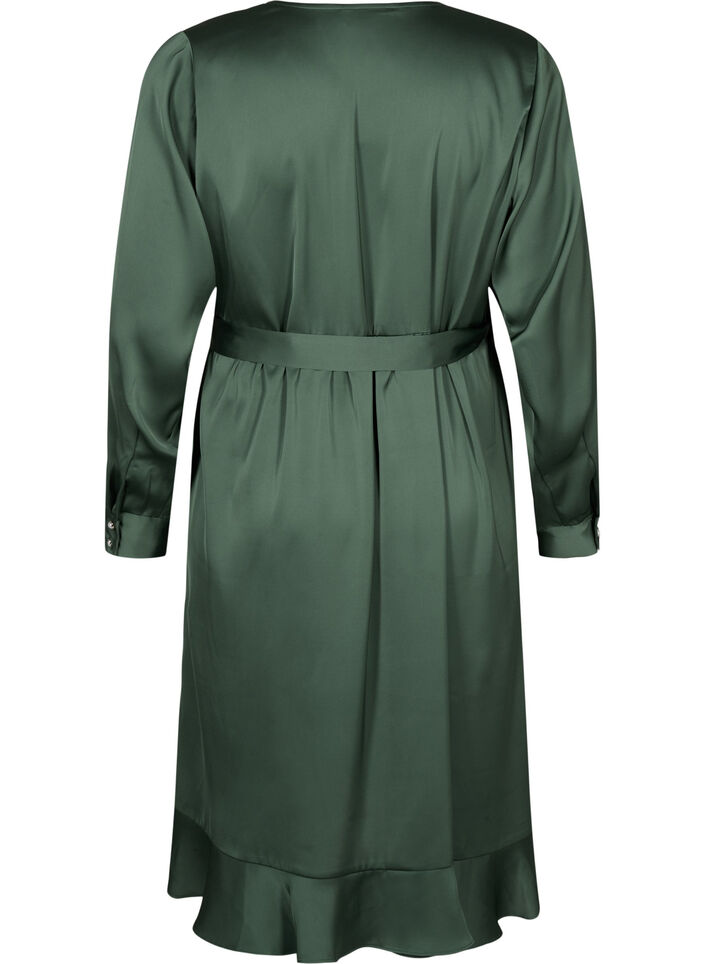 Omslagskjole i sateng med lange ermer, Duck Green, Packshot image number 1