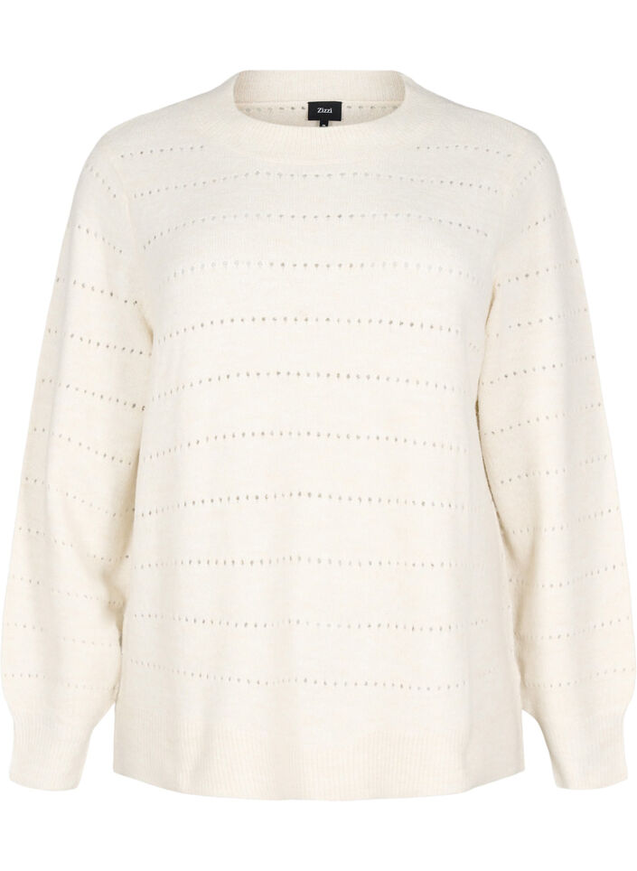 Strikket bluse med rund hals og hulmønster, Birch Mel., Packshot image number 0