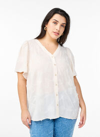 Kortermet bluse med 3D blomstreffekt, Beige Kortermet bluse med 3D blomstreffekt, Beige, Model