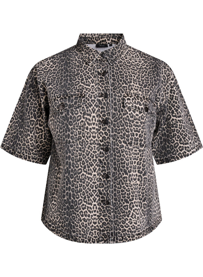 Denimskjorte med leopardm&oslash;nster og korte ermer, Brun, Packshot image number 0