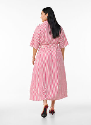 Zizzi Skjortekjole i ankellengde med bindebelte og striper, Rosa, Model image number 1