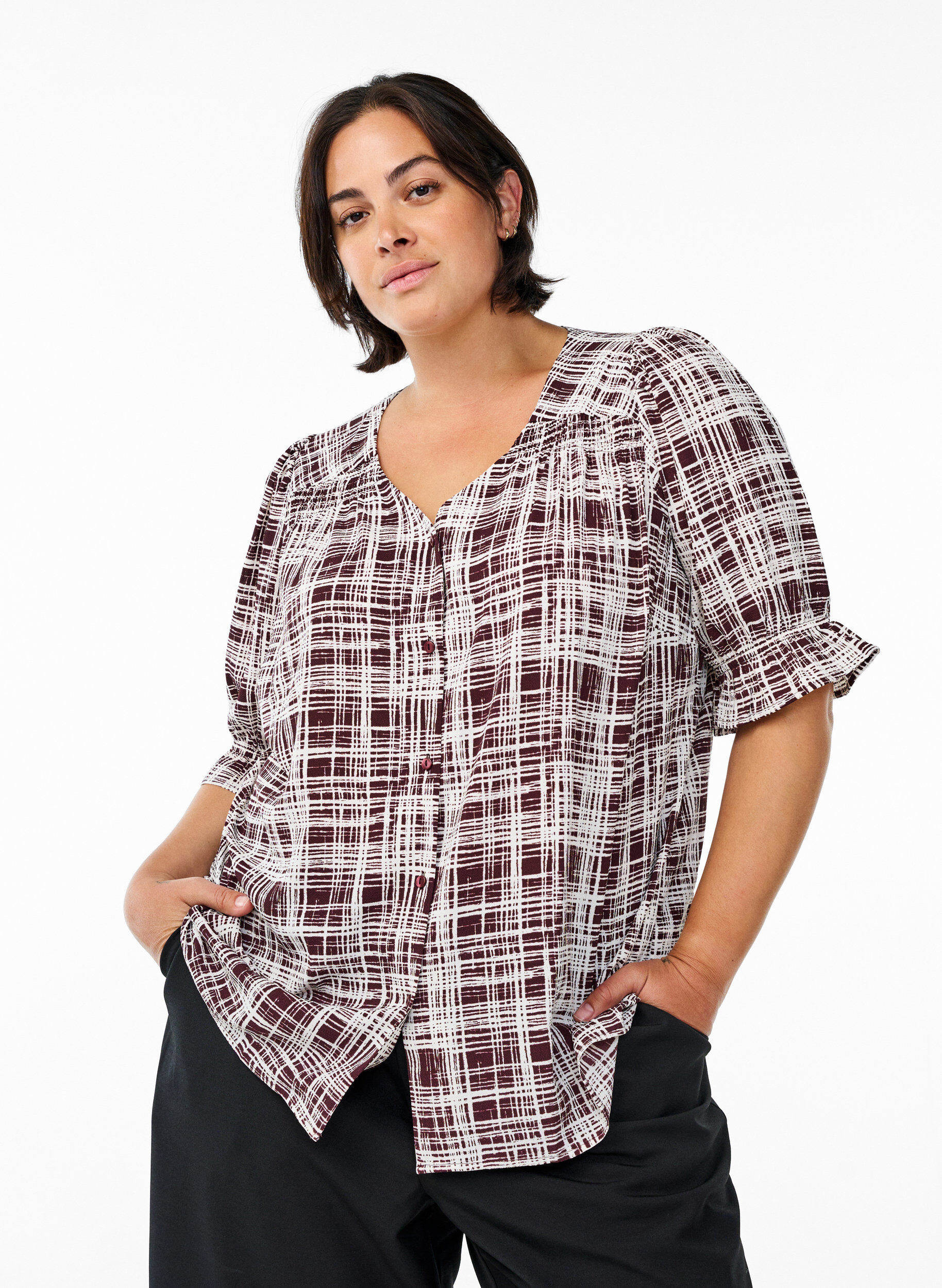 Skjortebluse med 1/2 ermer, M&oslash;rk Bordeaux, Model