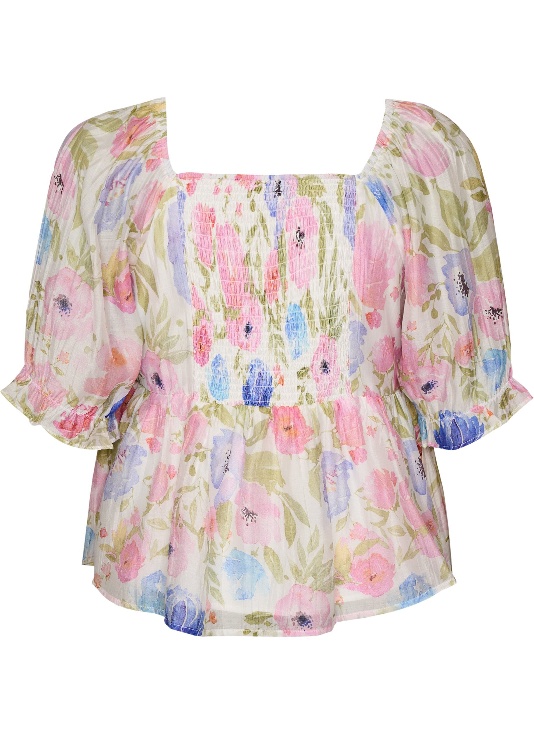 Zizzi Bluse i lyocell med blomstertrykk og sweetheart-utringning, Hvit, Packshot image number 1