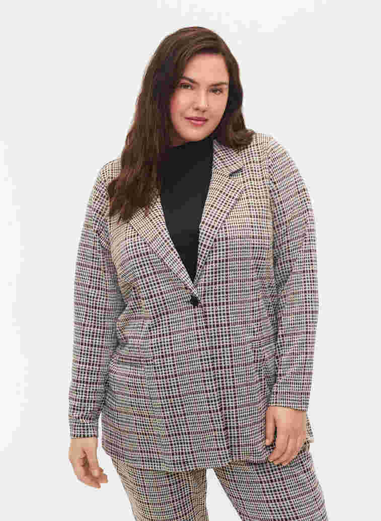 Rutete blazer med knappelukking, Brown Check, Model