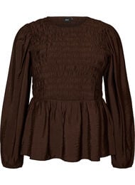 Bluse med smock og lange ermer, Brun