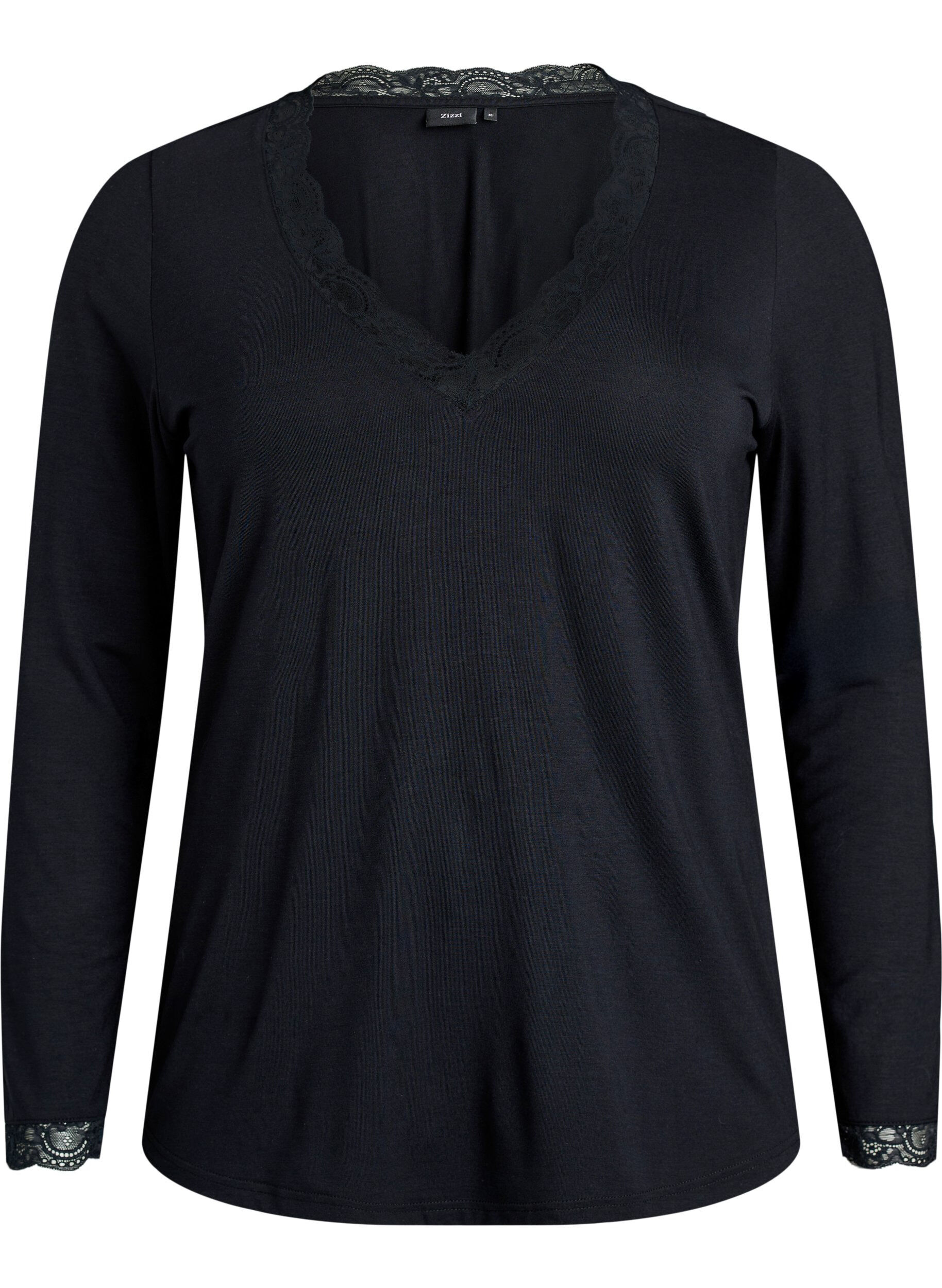 ZizziViskose bluse med blonder og V-hals, Svart, Packshot image number 0