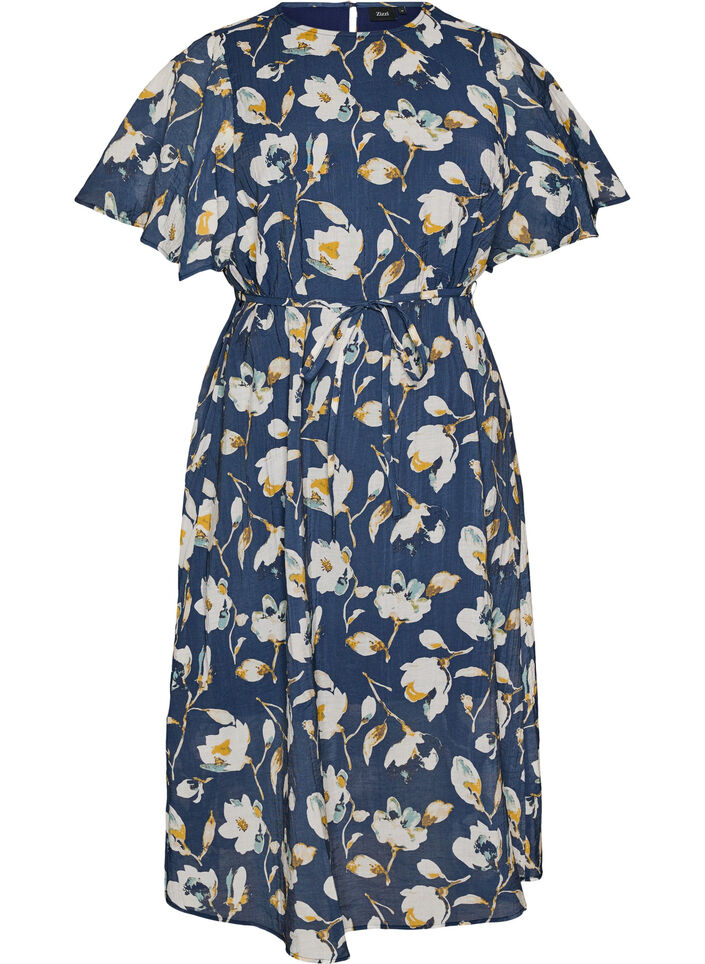 Ankellang kjole med flagrende ermer og knytebelte, Bl&aring;, Packshot image number 0