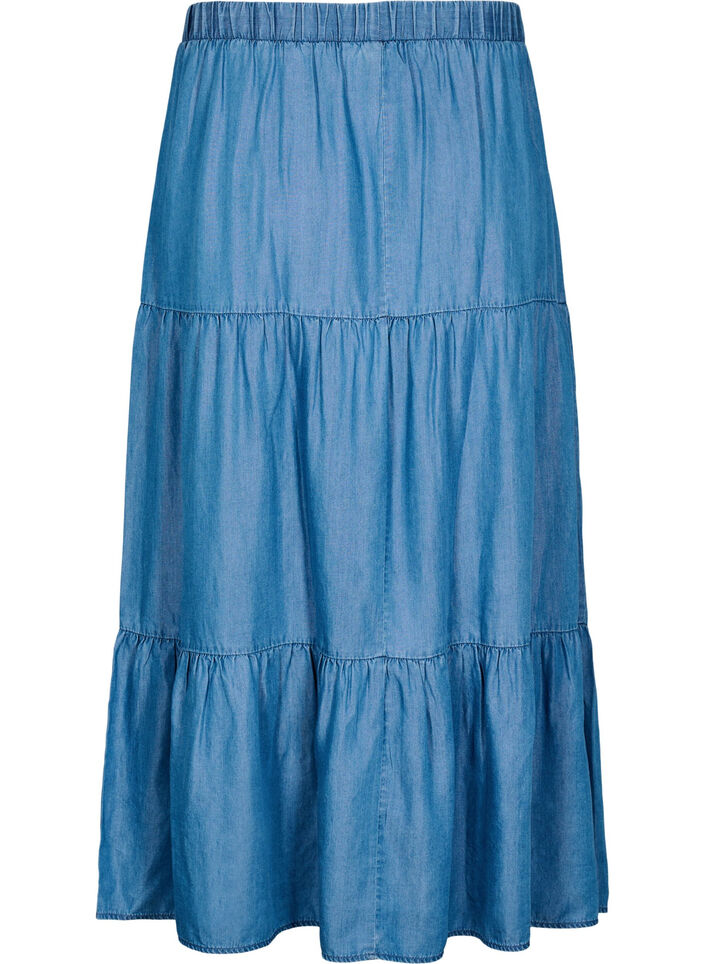 Denim maxiskj&oslash;rt med volanger, Bl&aring;, Packshot image number 1