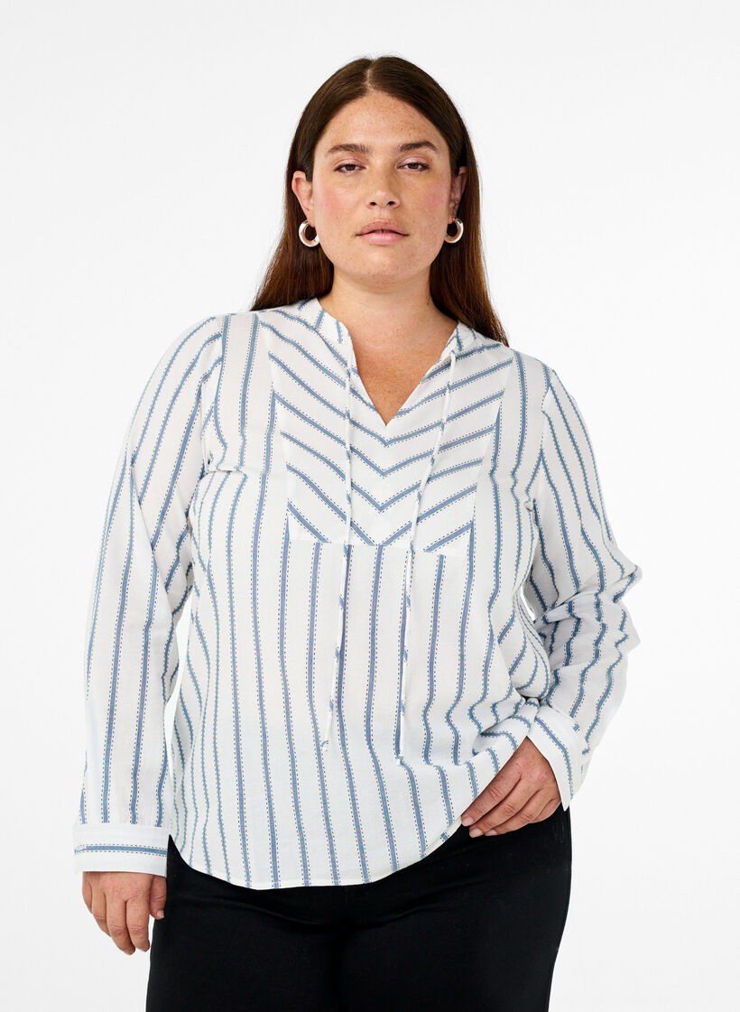 Stripet bluse med knyteutstyr, Hvit, Model image number 0