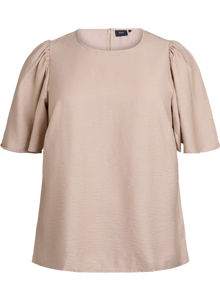 Bluse med korte, vide ermer, Beige, Packshot image number 0