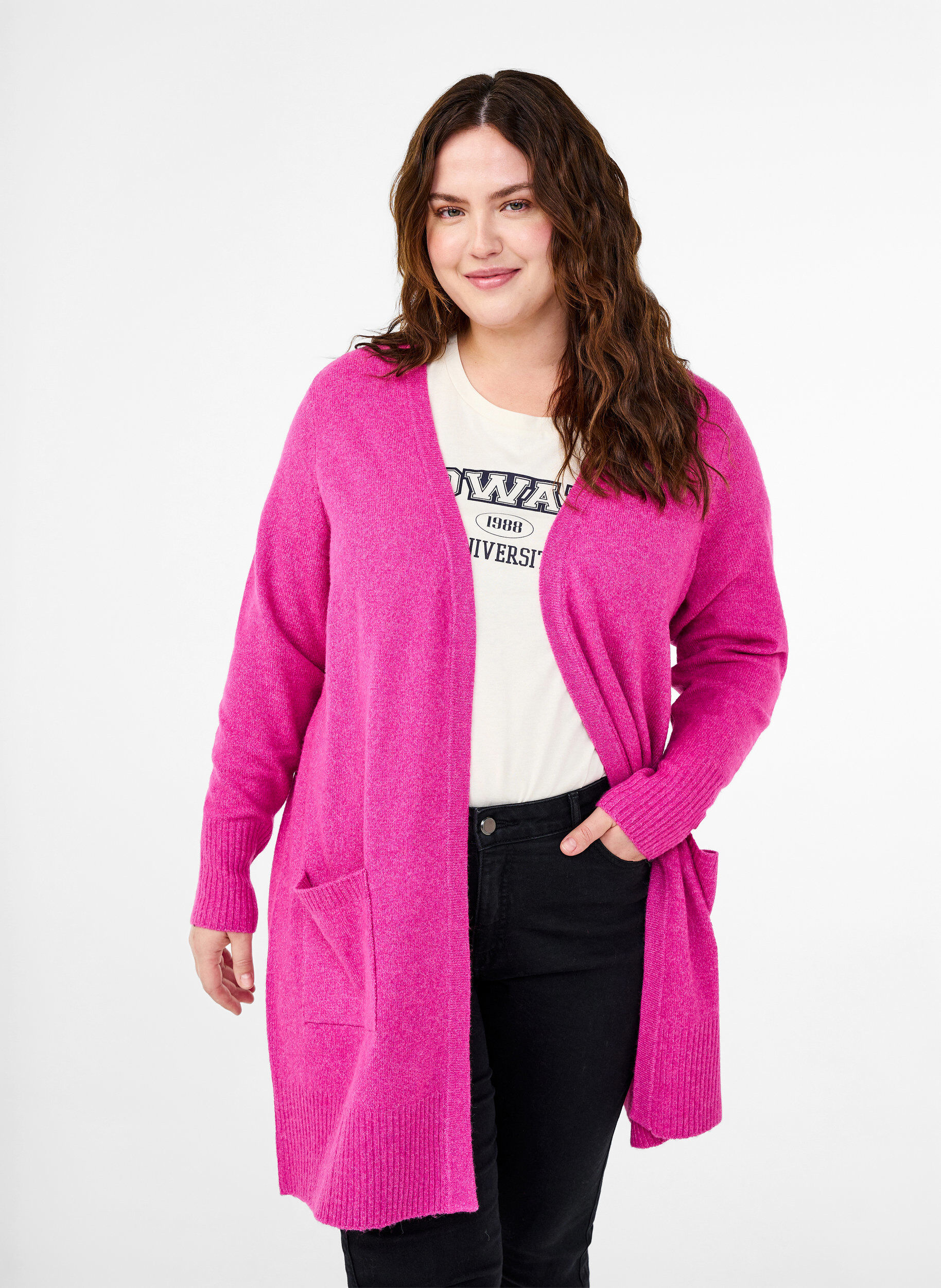 Zizzi Ribbestrikket cardigan med lommer, Rosa, Model image number 0