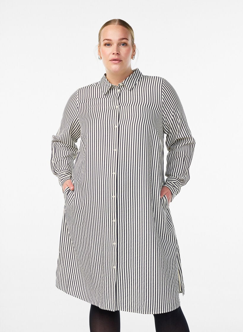 Lang stripet skjorte med knappedetalj bak, Svart, Model image number 0
