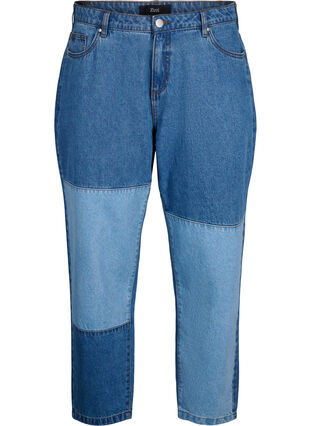 Mille mom fit-jeans med colorblock og høy midje, Light Blue Denim, Packshot image number 0