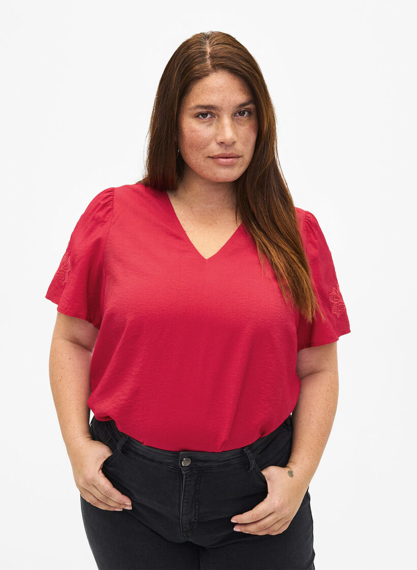 Kortermet bluse i viskose med broderi, Rød, Model image number 0