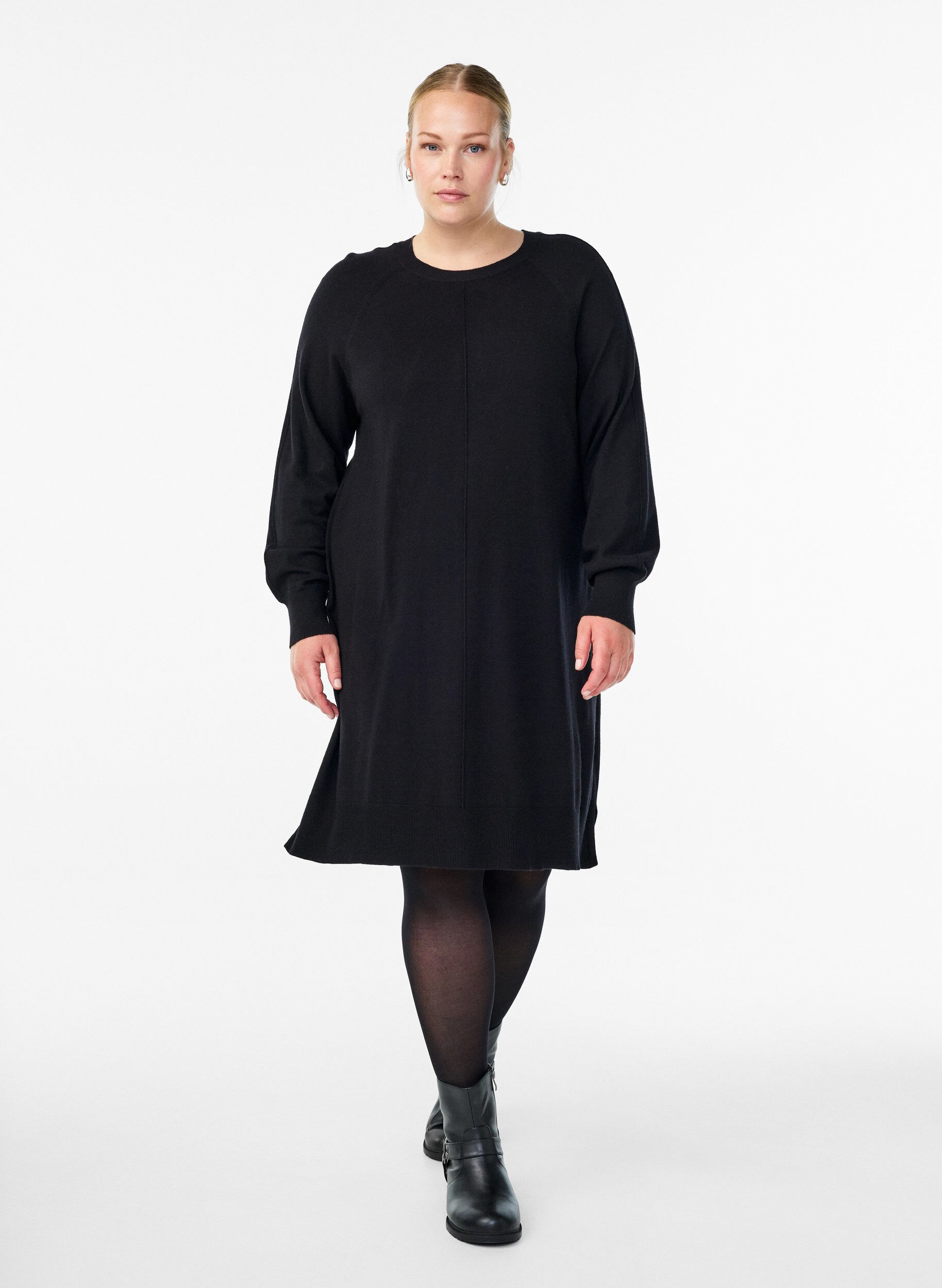 ZizziKort strikkekjole med raglanermer og en midts&oslash;m, Svart, Model image number 1