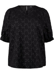 Kortermet jacquard-bluse med sløyfer, Black W. Bow